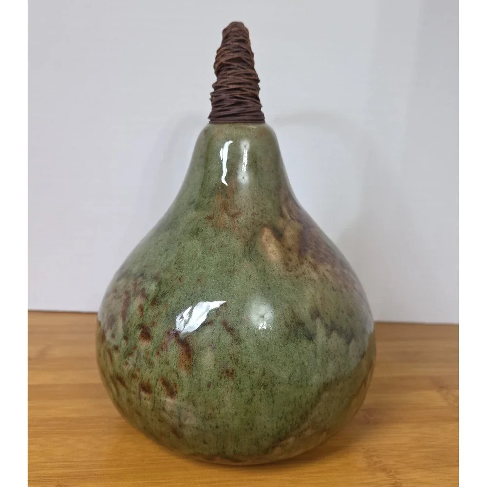 Pier 1 Ceramic Gourd Pumpkin Pear Wire Stem Brown Green Marbled Glossy Fall Art